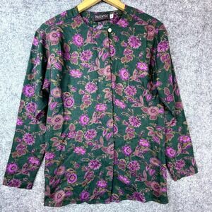 Vintage Prestwyck Office Blouse Top Womens Medium Green Pink Floral Grandma Chic